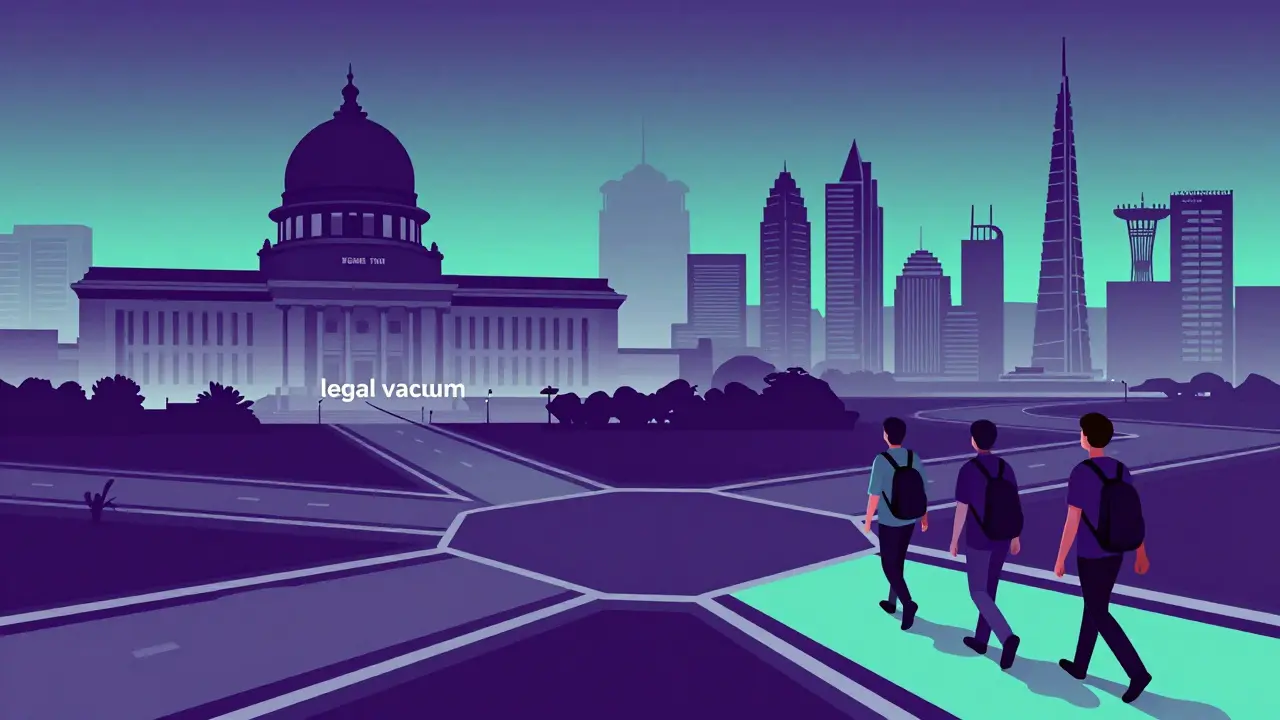 Ilustración duotono de emprendedores tecnológicos dejando India debido a la incertidumbre legal.