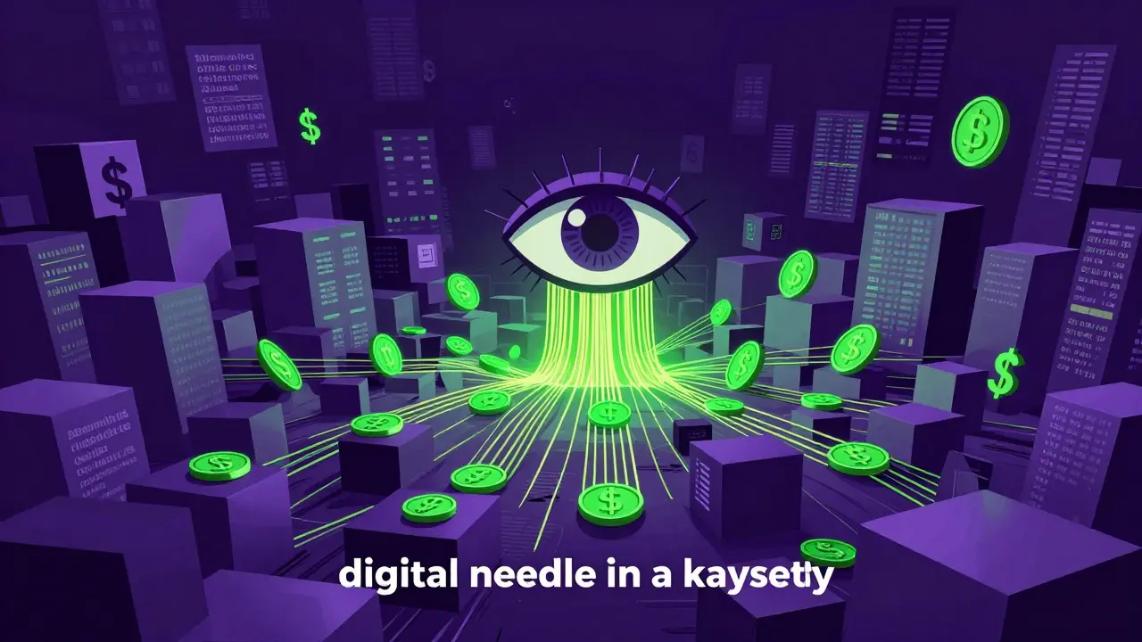 Ilustración duotono de un ojo de IA buscando hilos de dinero sancionado en un océano de datos digitales.