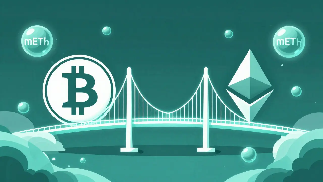 Ilustración duotono de un puente digital conectando los ecosistemas de Bitcoin y Ethereum.