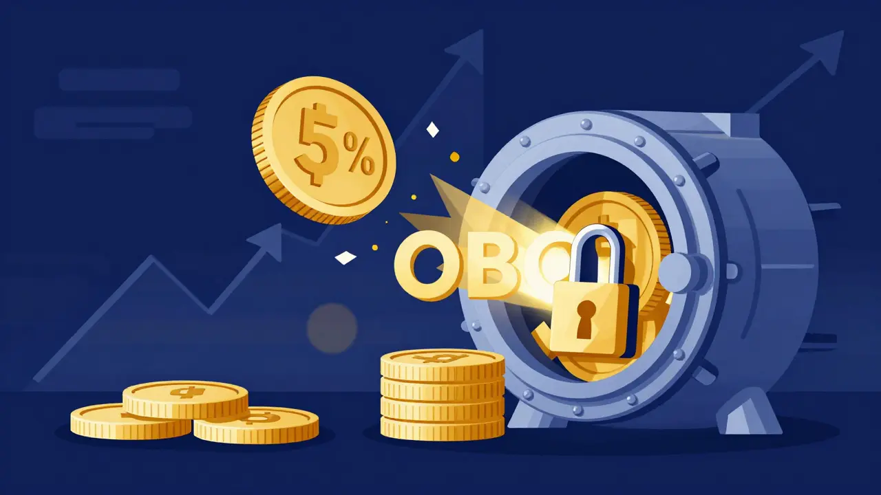 Ilustración en duotono de tokens OBOT siendo quemados y otros en staking en una bóveda digital.