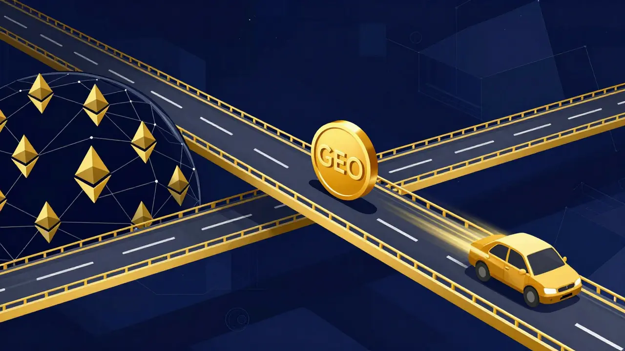 Ilustración en duotono de un token GEO cruzando un puente digital entre Ethereum y ODIN Chain.