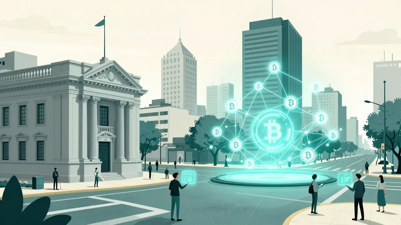 Ilustración en duotono de una ciudad con redes digitales y símbolos de Bitcoin conectando a las personas.