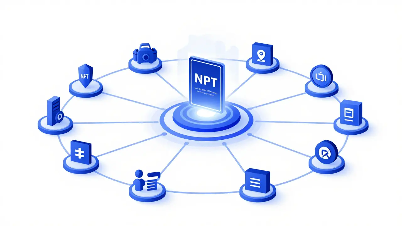 Ilustración en duotono del ecosistema Smart Hub con nodos conectados y un certificado NFT central.