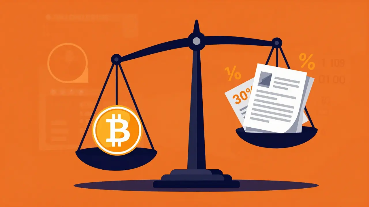 Imagen duotono de una balanza comparando el valor de Bitcoin frente a la carga fiscal del 30%.