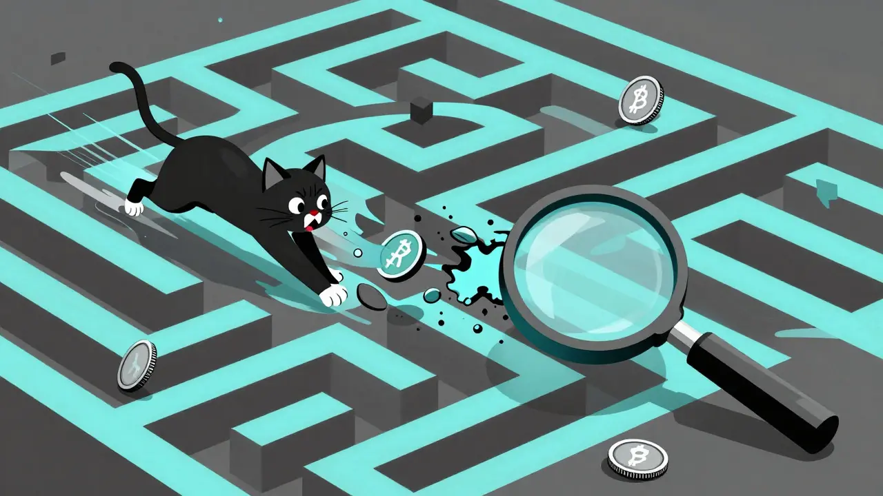 Imagen duotono de una lupa rastreando monedas digitales que saltan entre plataformas DeFi y puentes.