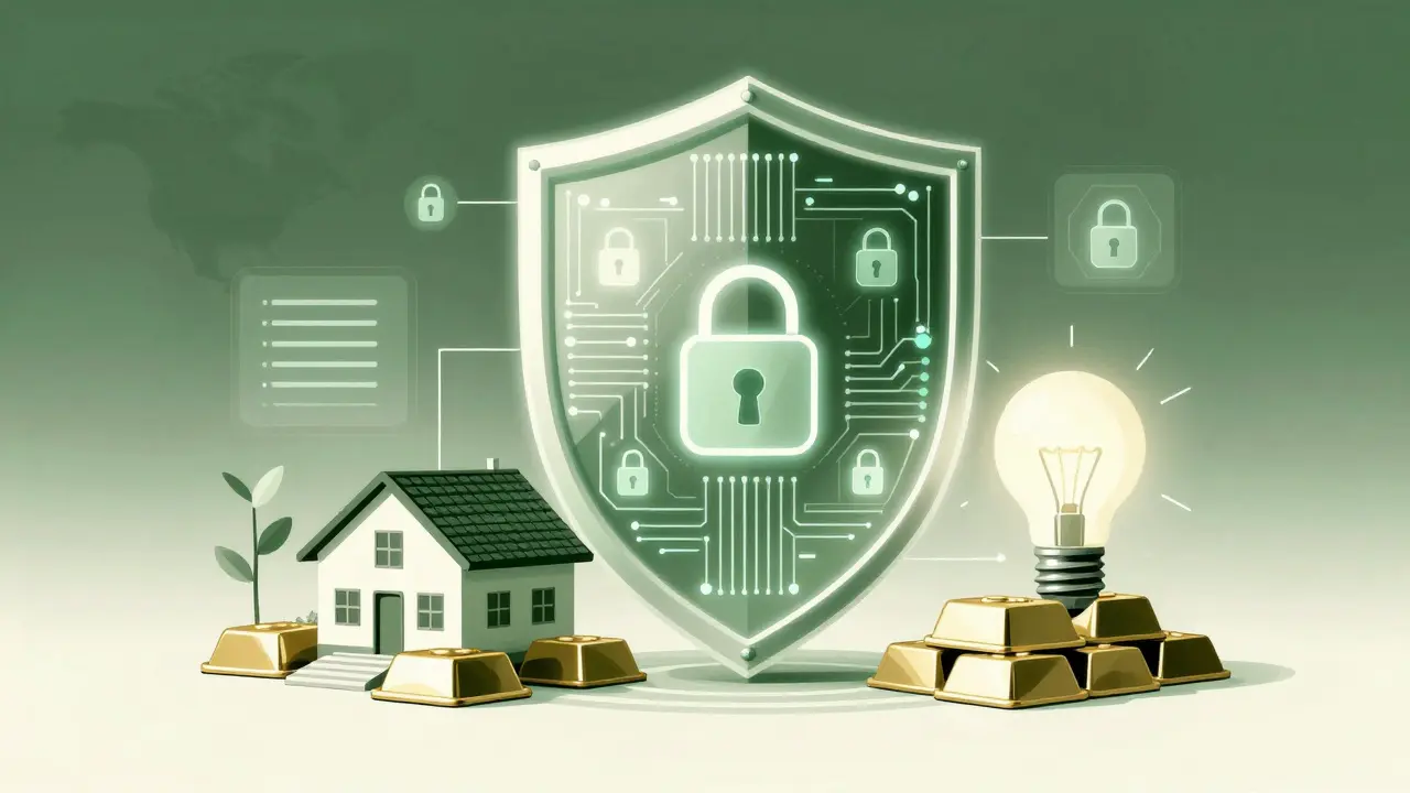 Imagen en duotono de un escudo digital protegiendo activos como oro e inmuebles.