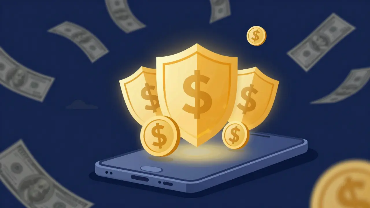Imagen en duotono de un móvil con monedas estables actuando como escudo protector contra el dinero caído.