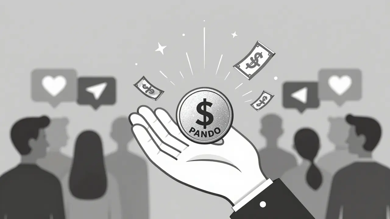 Mano sosteniendo un token PANDO rodeada de iconos de redes sociales y chispas.