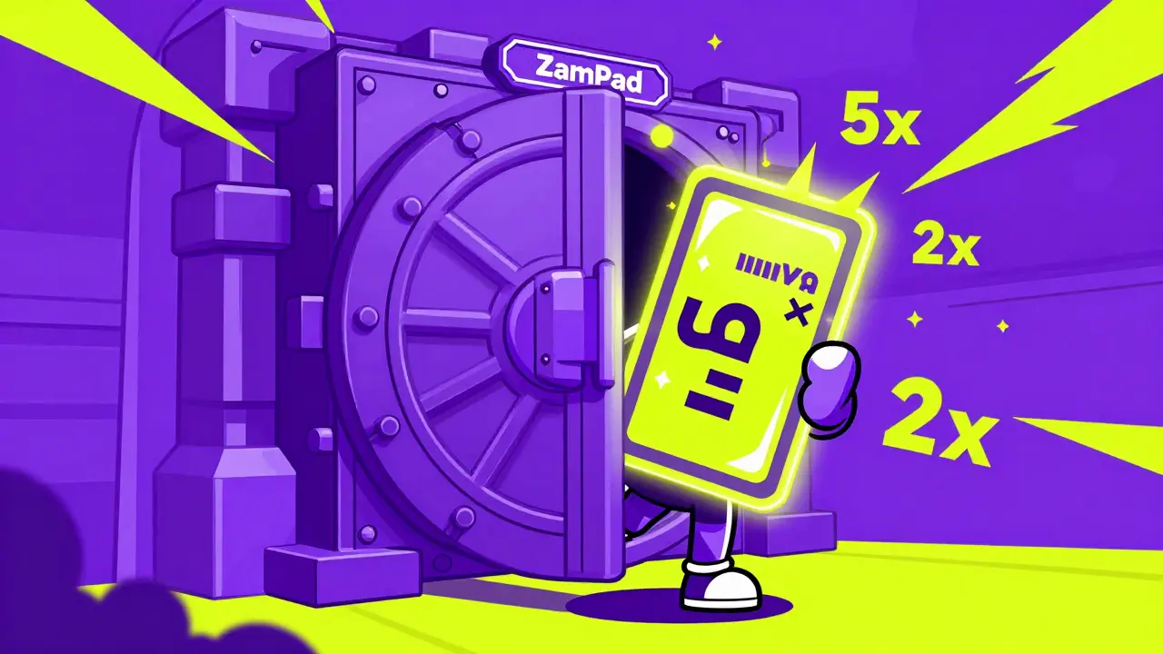 Personaje con NFT de TrillioHeirs abriendo la bóveda de ZamPad con multiplicadores de ganancia.