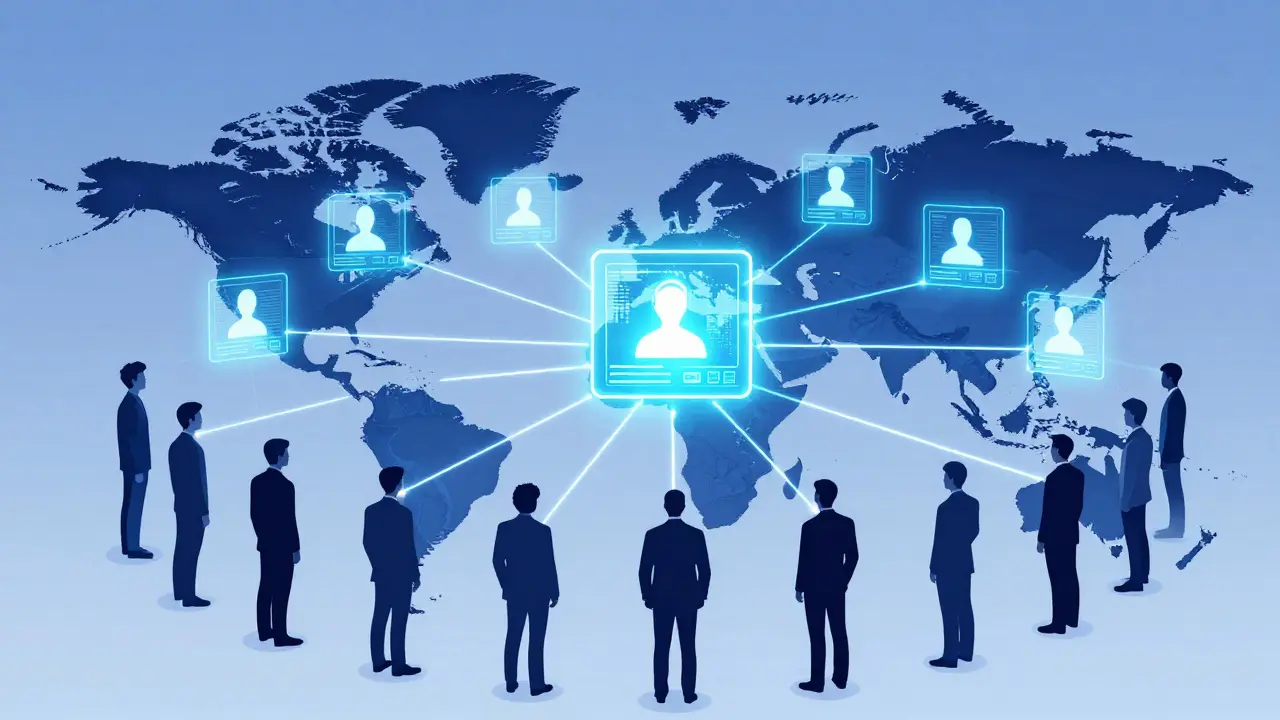 Red global de nodos descentralizados llegando a un consenso sobre un bloque de datos.