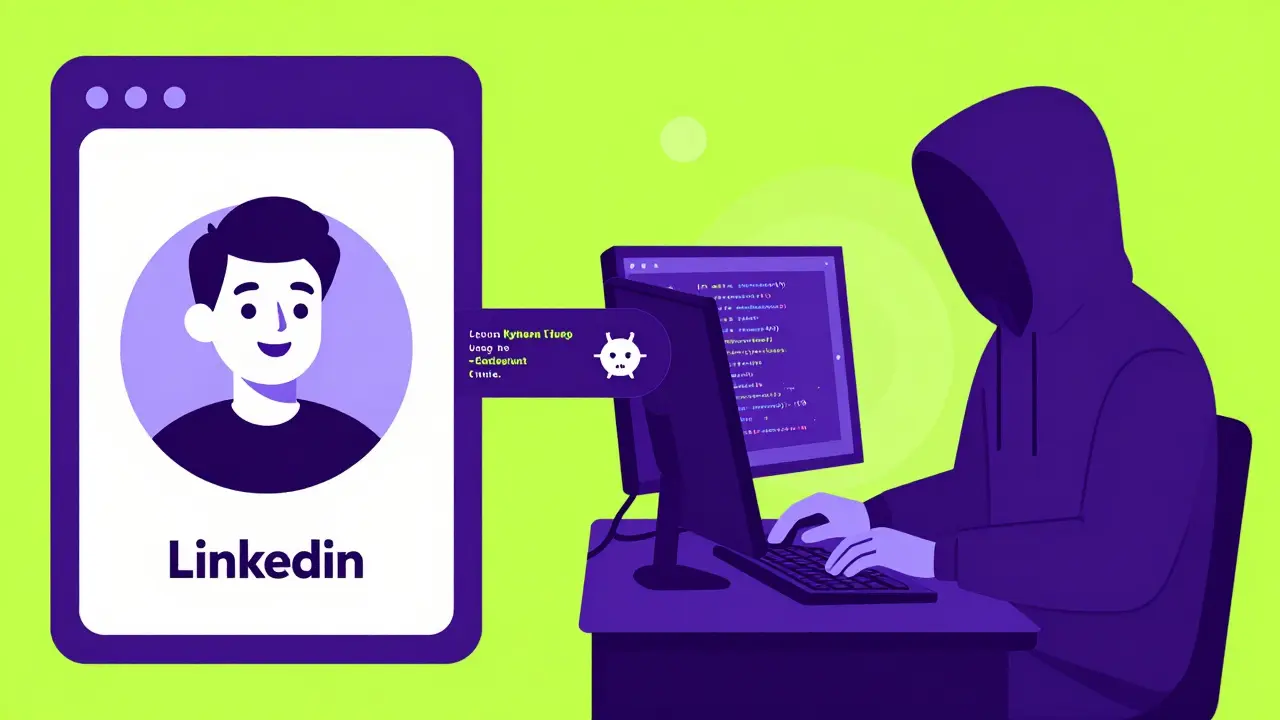 Representación de un hacker fingiendo ser un reclutador profesional para engañar a una víctima.