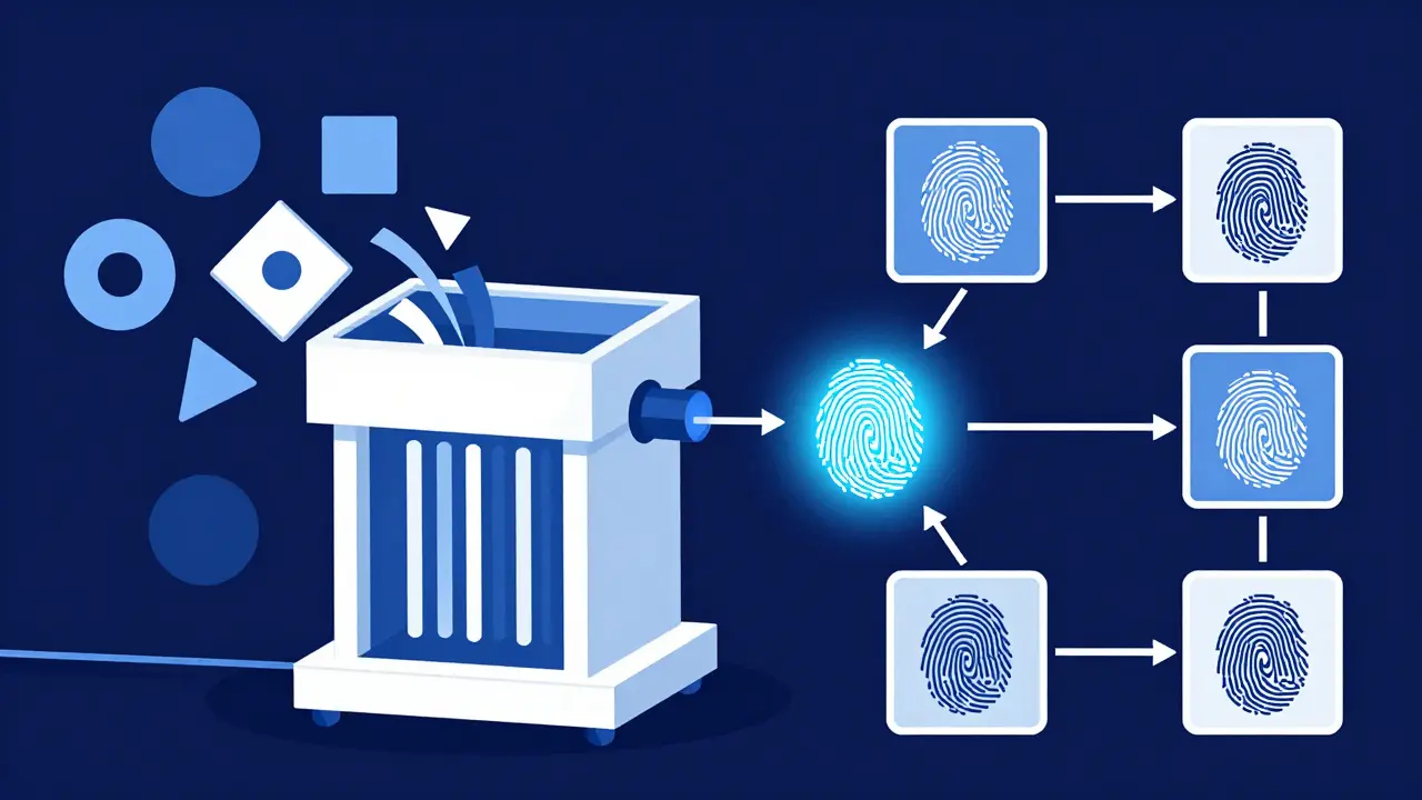 Representación de una máquina de hashing convirtiendo datos en una huella digital única.