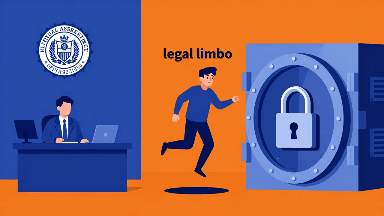 Representación del limbo legal entre la ley de activos virtuales y el bloqueo bancario.