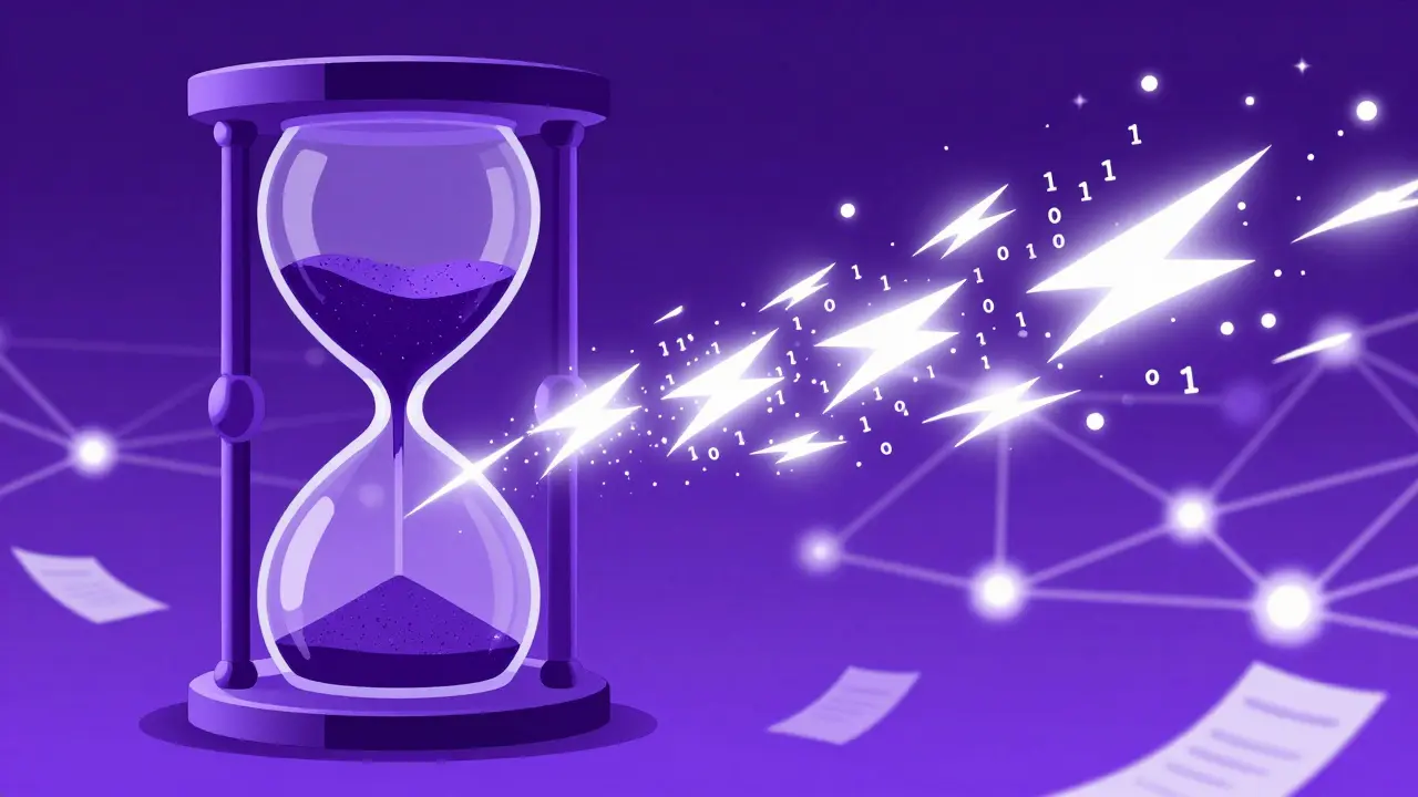 Representación en duotono de un reloj de arena digital simbolizando la rapidez de las transacciones blockchain.