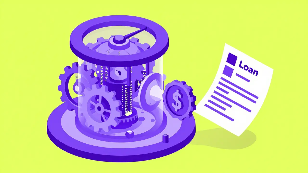 Representación mecánica de un contrato inteligente procesando un préstamo automáticamente.