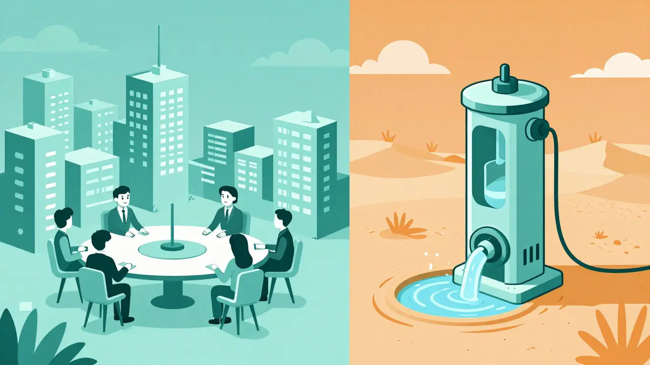 Sede virtual en el metaverso y tecnología de extracción de agua en el desierto en estilo duotono.