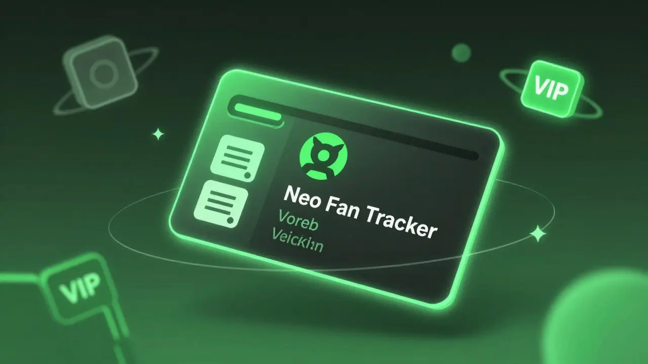Tarjeta digital Neo Fan Tracker con iconos de beneficios exclusivos en estilo duotono verde.