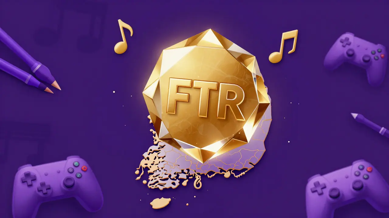 Token FTR representado como un cristal sobre un mapa de Corea del Sur en duotono púrpura.