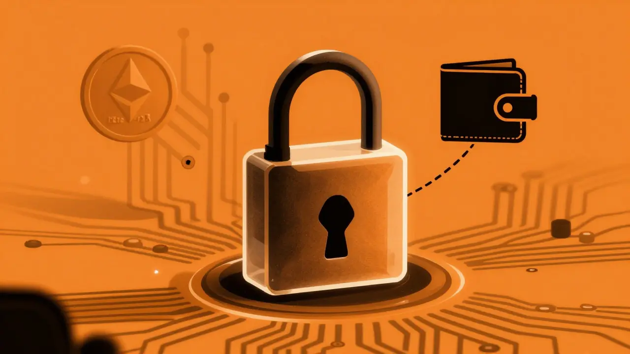 Arte en duotono negro y naranja mostrando seguridad blockchain y contratos inteligentes