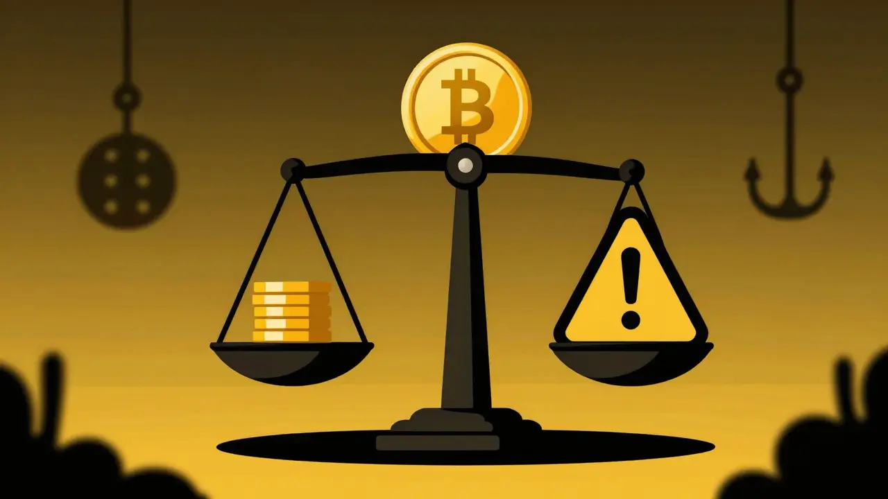 Balanza simbólica mostrando riesgos y recompensas de airdrops en duotono