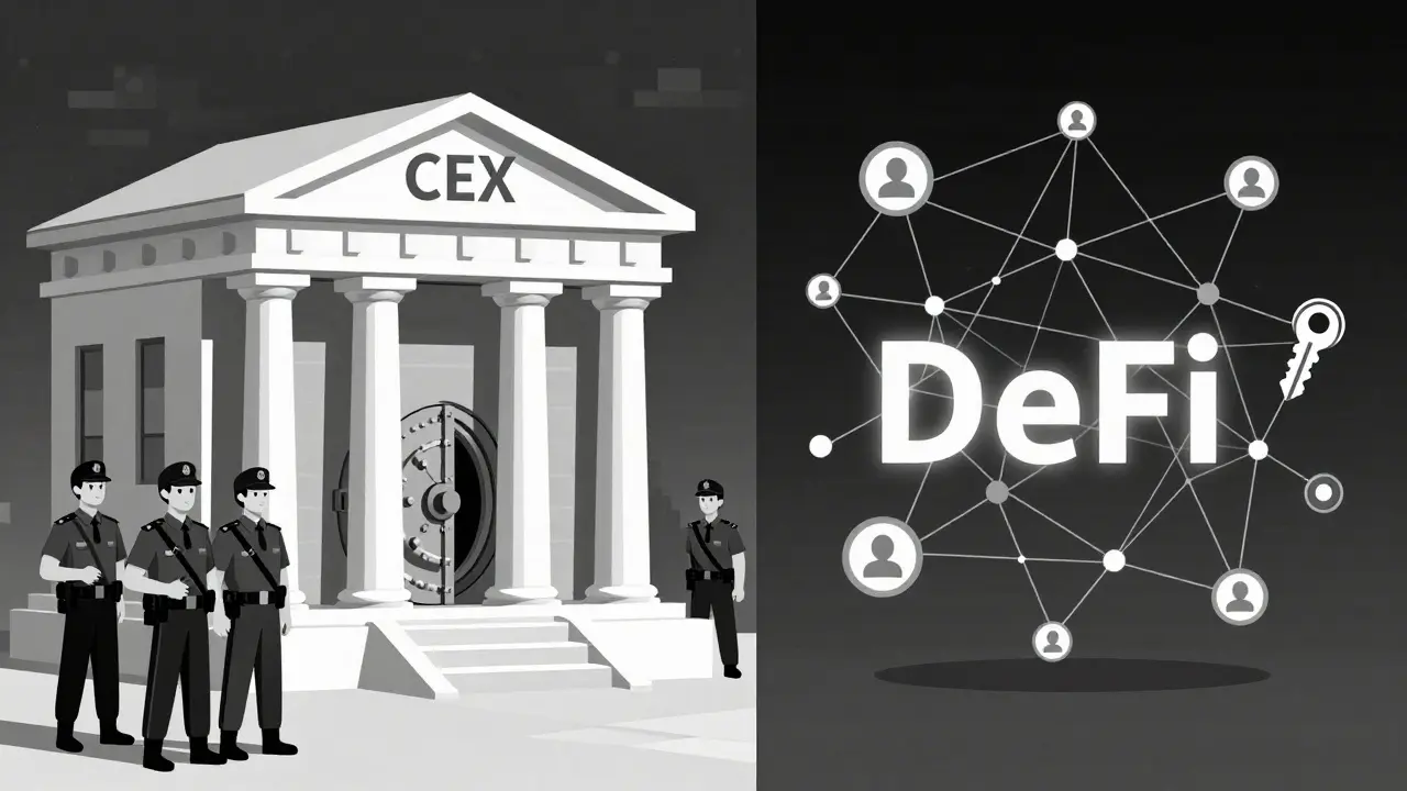 Comparación visual en duotono entre exchanges centralizados fortificados y redes descentralizadas abiertas.