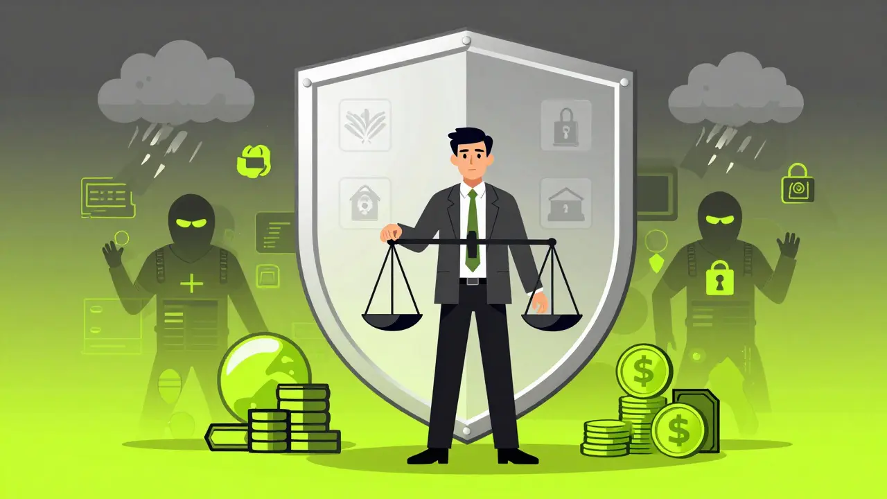 Ejecutivo financiero protegiéndose con escudo contra riesgos digitales