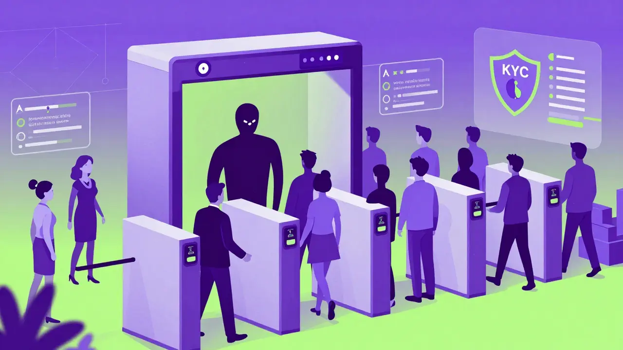 Escena futurista de seguridad contra bots y verificación KYC en duotono