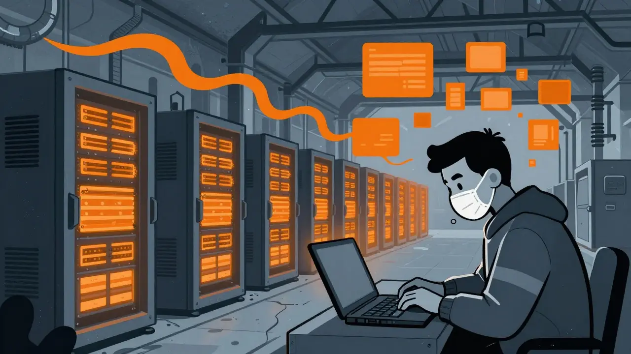 Estilo cartoon duotono de una granja de minería de criptomonedas con técnicos y servidores brillantes.