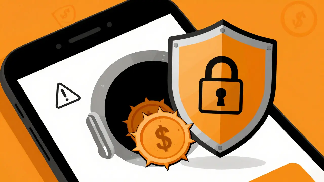 Estilo duotono mostrando riesgos de seguridad y tokens maliciosos en una billetera