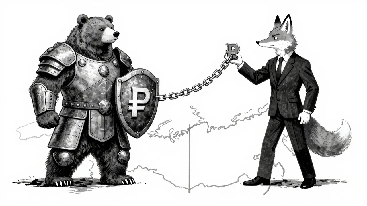 Ilustración conceptual en duotono del conflicto entre el Banco Central y el Tesoro sobre las criptomonedas.