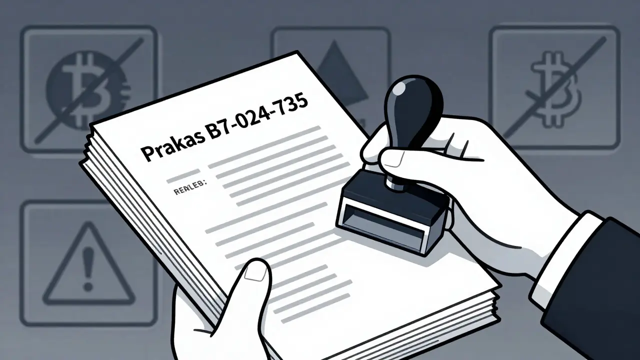 Ilustración en duotono de documentos regulatorios y símbolos de criptomonedas restringidas, destacando la burocracia financiera.
