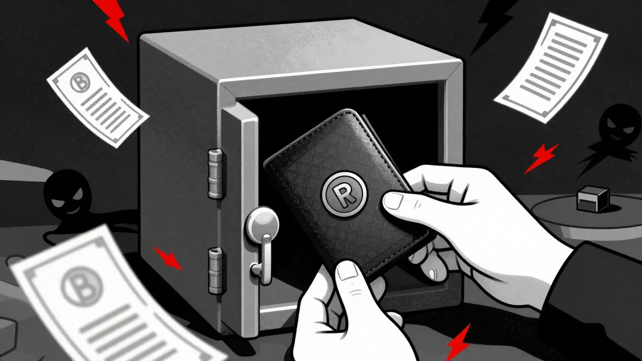 Ilustración en dúotono de una billetera fría en un seguro, simbolizando la protección personal ante riesgos financieros