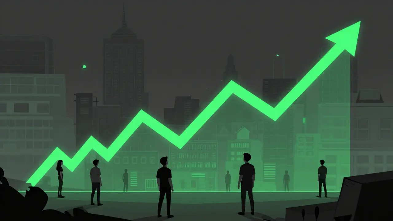 Ilustración en duotono verde y gris con gráfico de volatilidad y riesgos del mercado