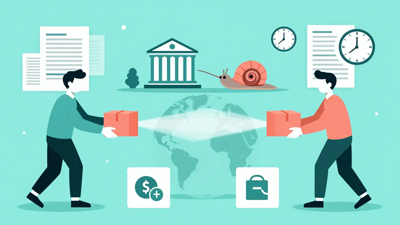 Ilustración que compara la rapidez de las transacciones P2P con la lentitud del sistema bancario tradicional.