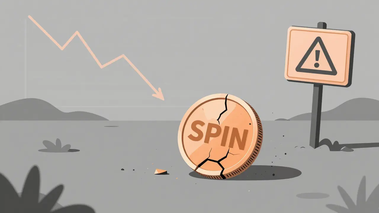 Moneda SPIN agrietada en paisaje digital desolado bajo estilo duotono