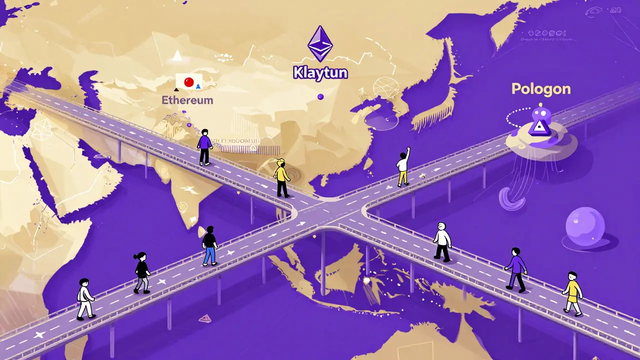 Puente futurista conectando Klaytn con otras cadenas para expansión multicadena