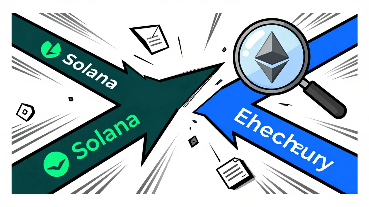 Ruta blockchain dividida y confusa estilo dúotono abstracto
