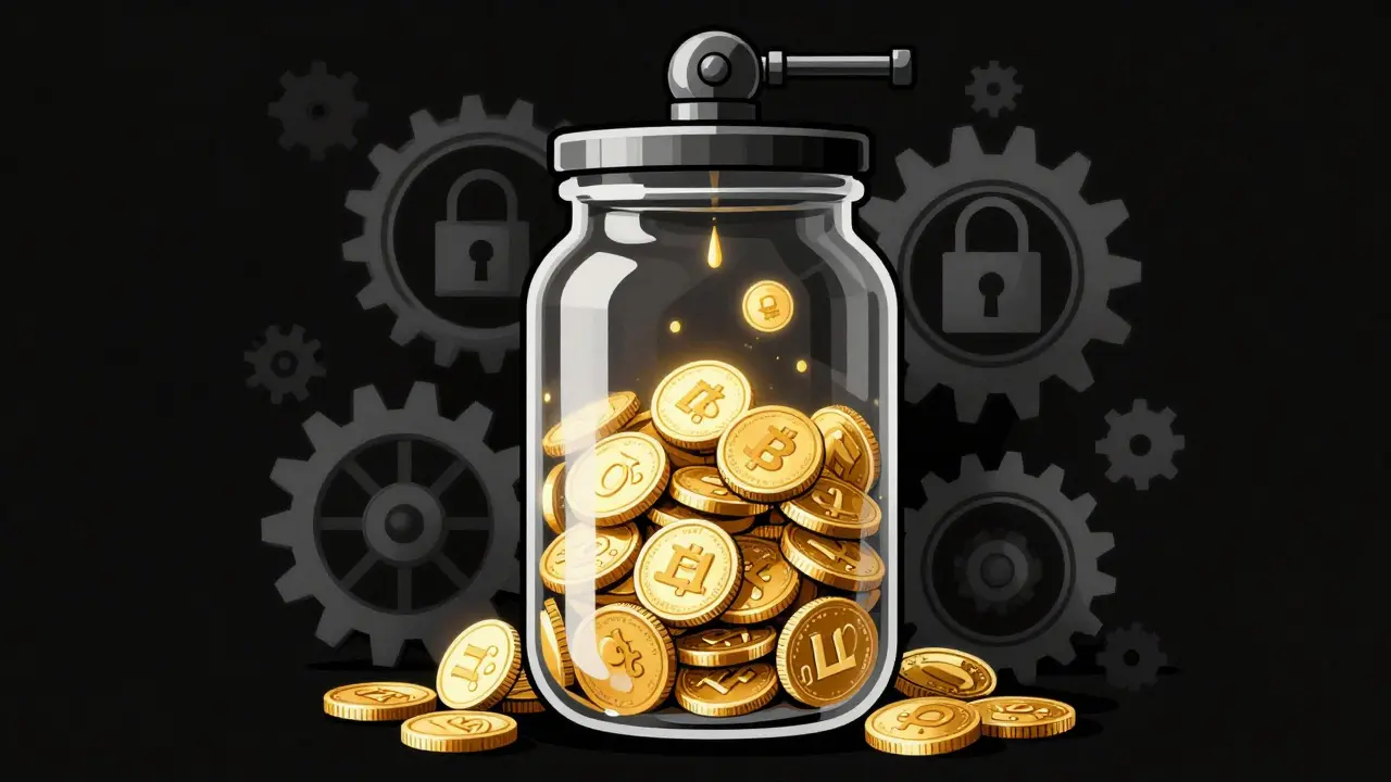 Tarro con monedas doradas y engranajes simbolizando la oferta de tokens