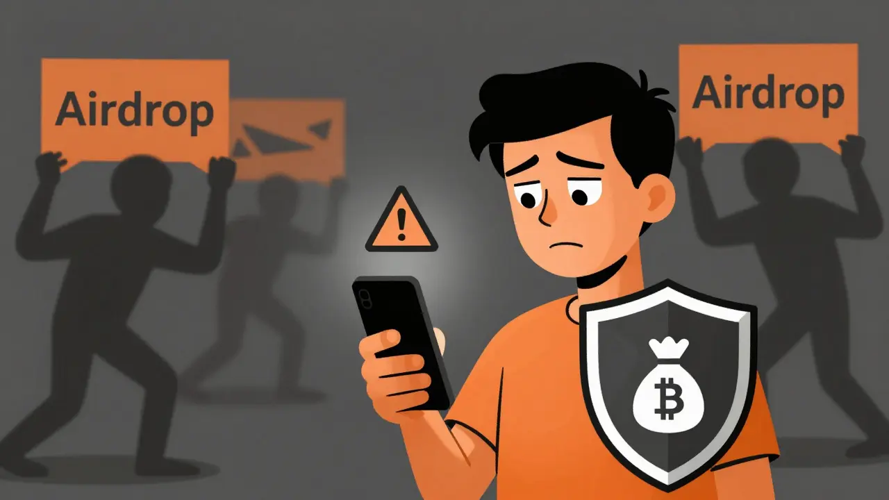 Usuario desconfiado ante estafas de airdrop falsos en ilustración duotono