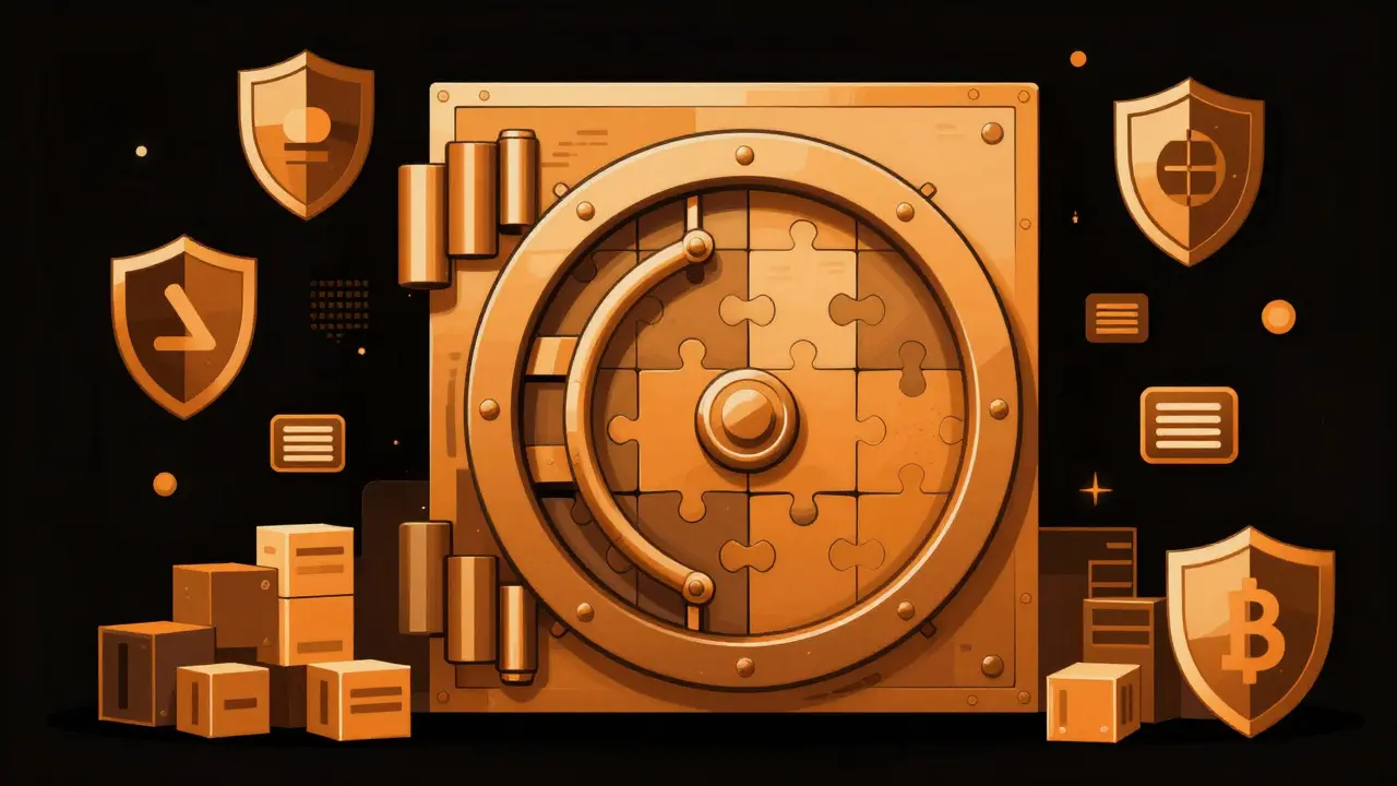 Cofre digital abstracto que representa seguridad cripto y almacenamiento en frío en estilo duotono