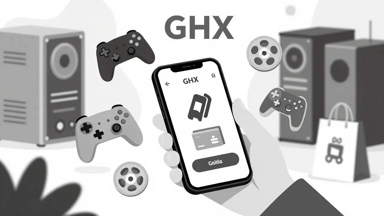 Concepto de uso de tokens GHX para compras digitales en tienda virtual ilustrada