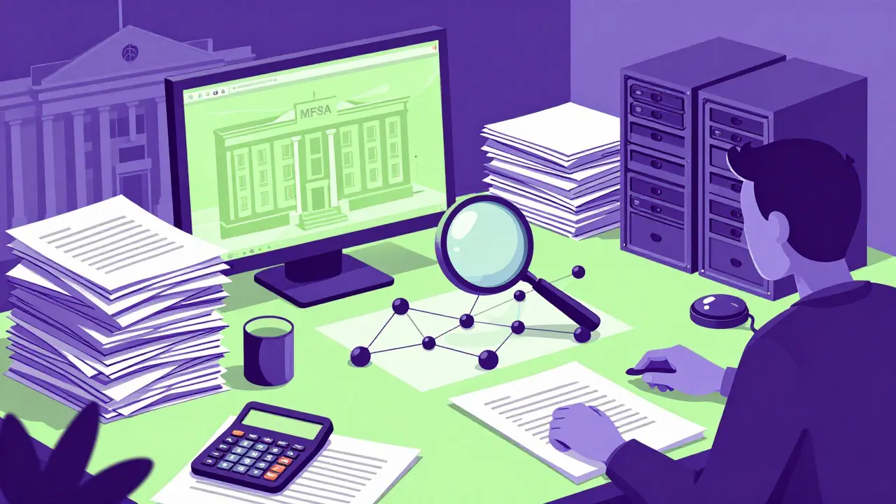 Escritorio con documentos y blockchain en estilo duotono