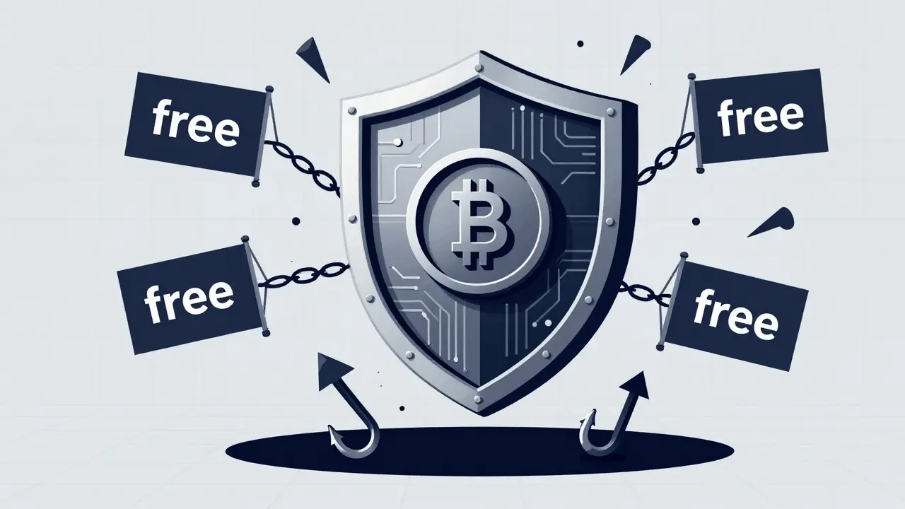 Escudo de blockchain protegiendo contra estafas en ilustración duotono