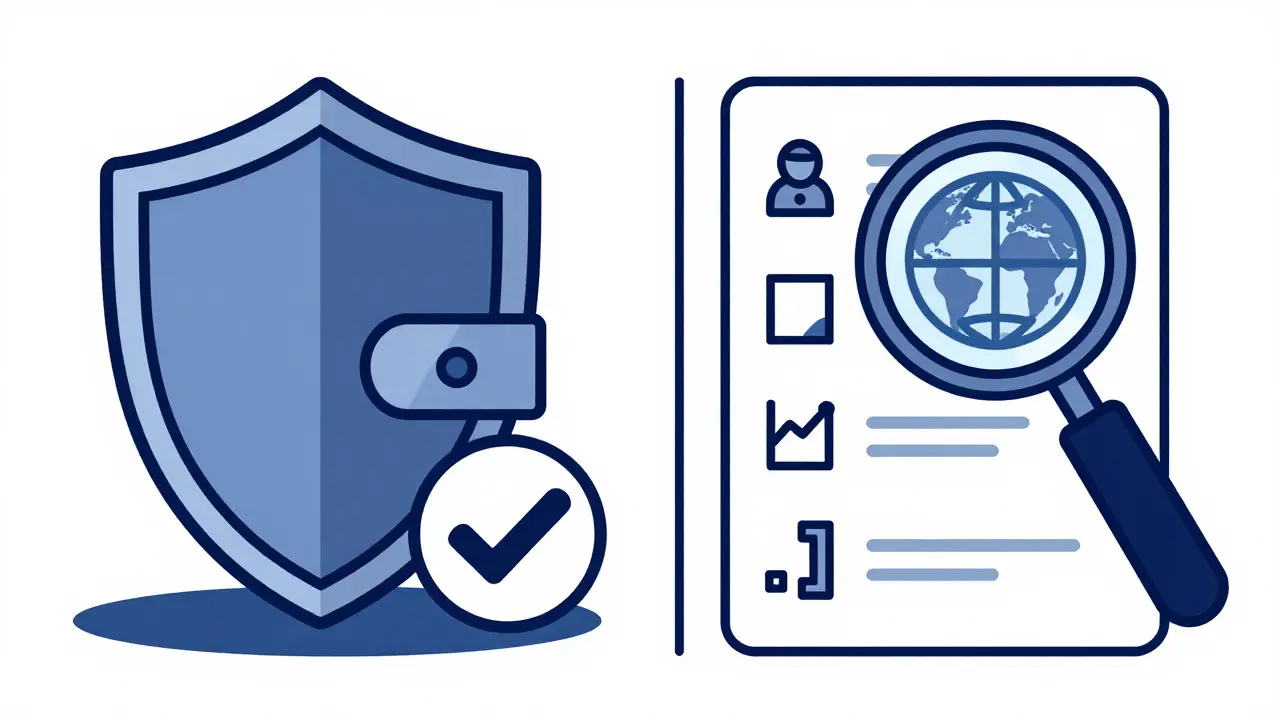 Escudo protegiendo billetera cripto junto a lupa verificando lista de seguridad