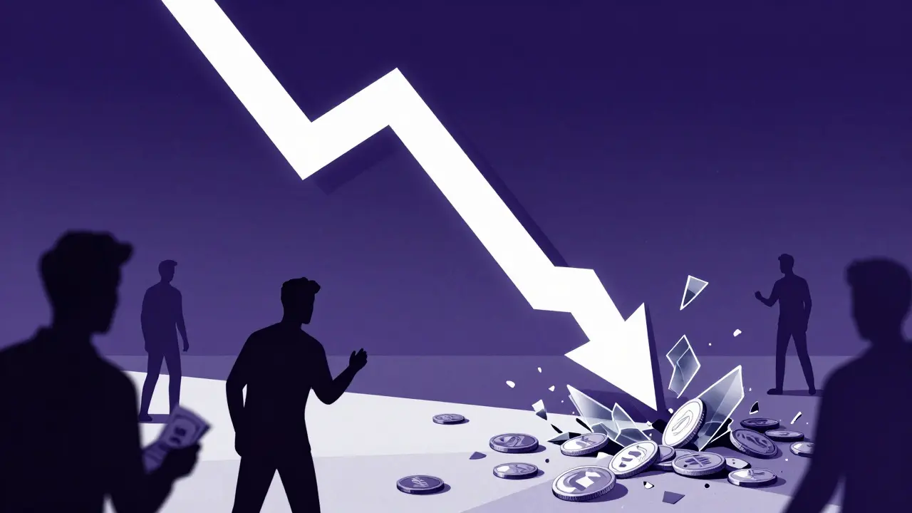Gráfico en caída libre estilo duotono mostrando la pérdida de valor del token.