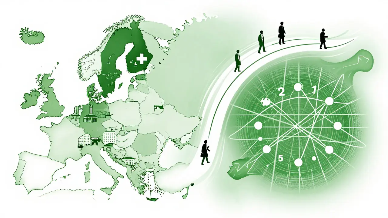 Mapa estilizado comparando la regulación cripto de Suiza, UE y Singapur en duotono
