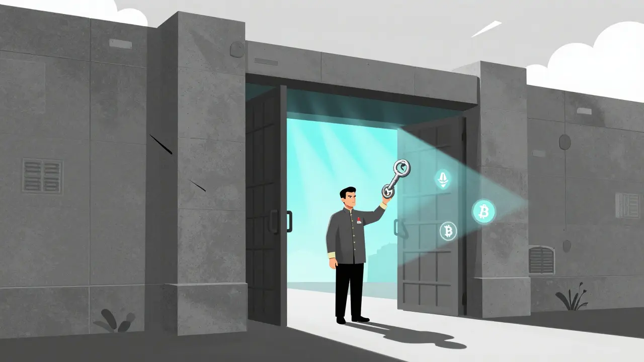 Metáfora visual de la puerta regulada para criptomonedas en estilo duotono