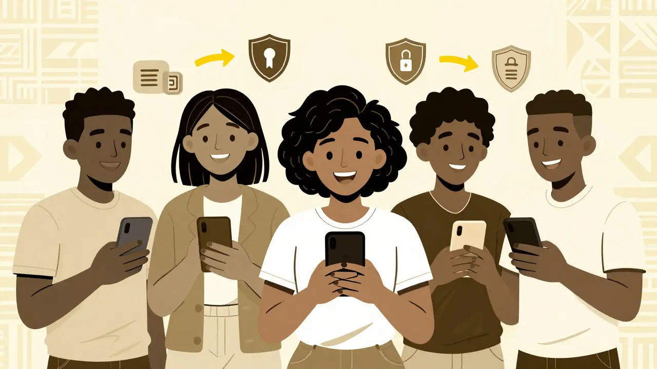 Personas africanas enviando dinero seguro y rápido mediante app en estilo ilustrativo
