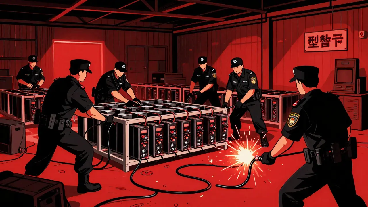 Policía incautando equipos de minería de criptomonedas en un almacén
