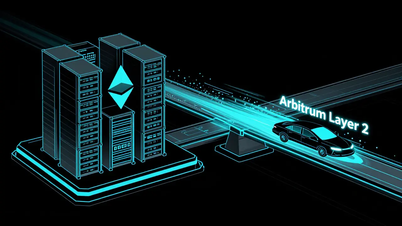 Puente tecnológico conceptual entre redes blockchain en estilo ilustrativo duotono.